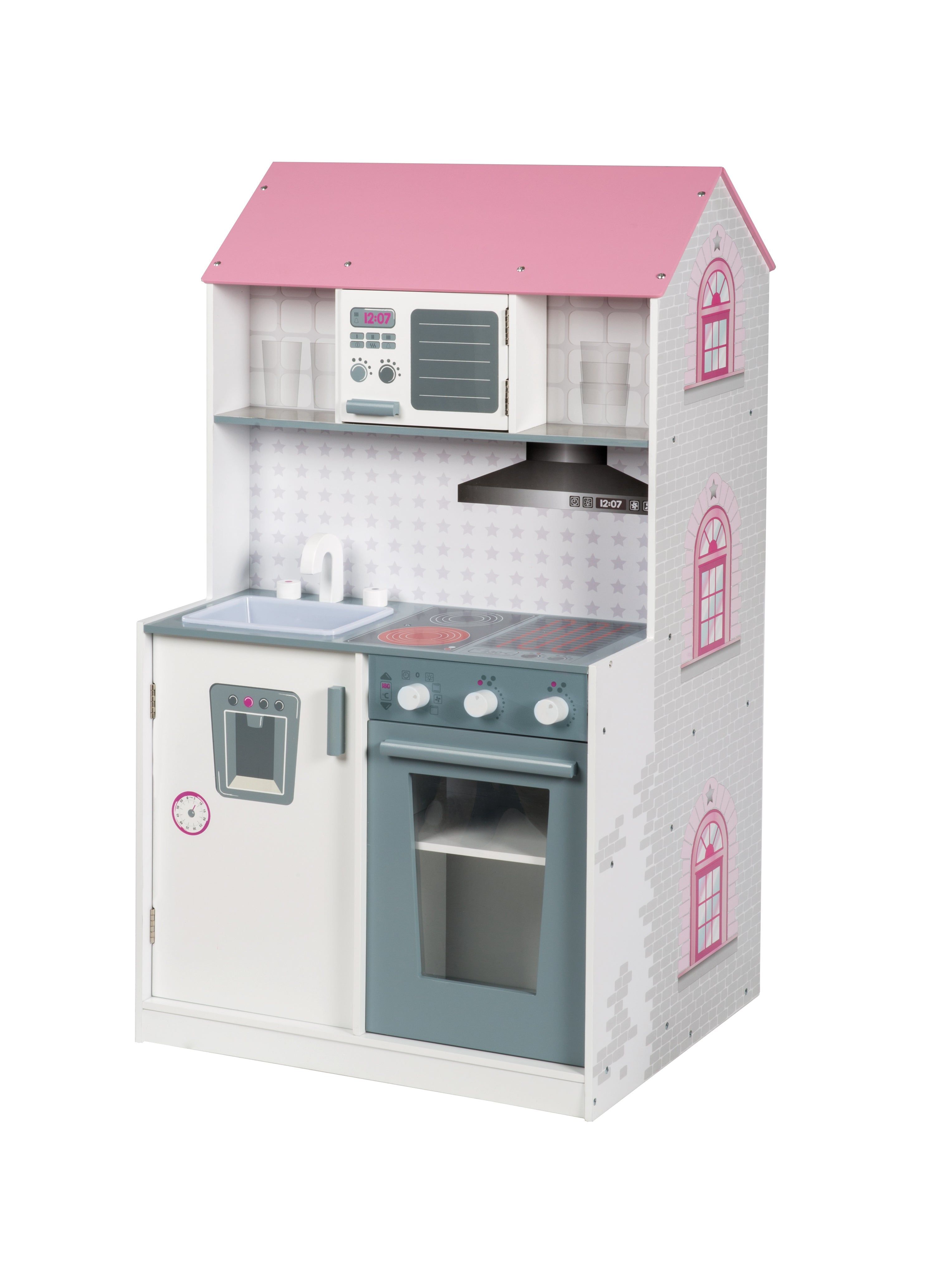 Spielküche mit Mikrowelle, Herd, Kühlschrank und Spüle. Rosa Dach und weißes Ziegelmuster.