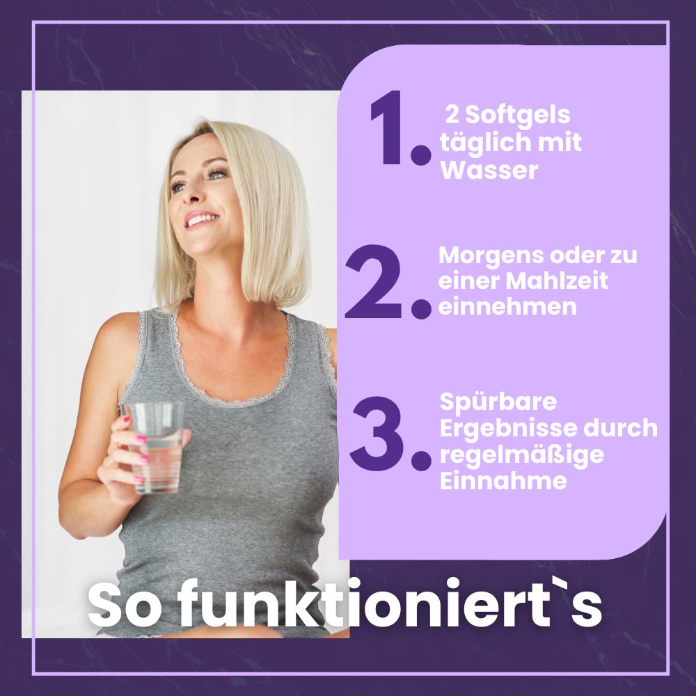Frau mit Glas Wasser. Text: So funktioniert's: 2 Softgels täglich, morgens oder zu einer Mahlzeit, spürbare Ergebnisse durch regelmäßige Einnahme.