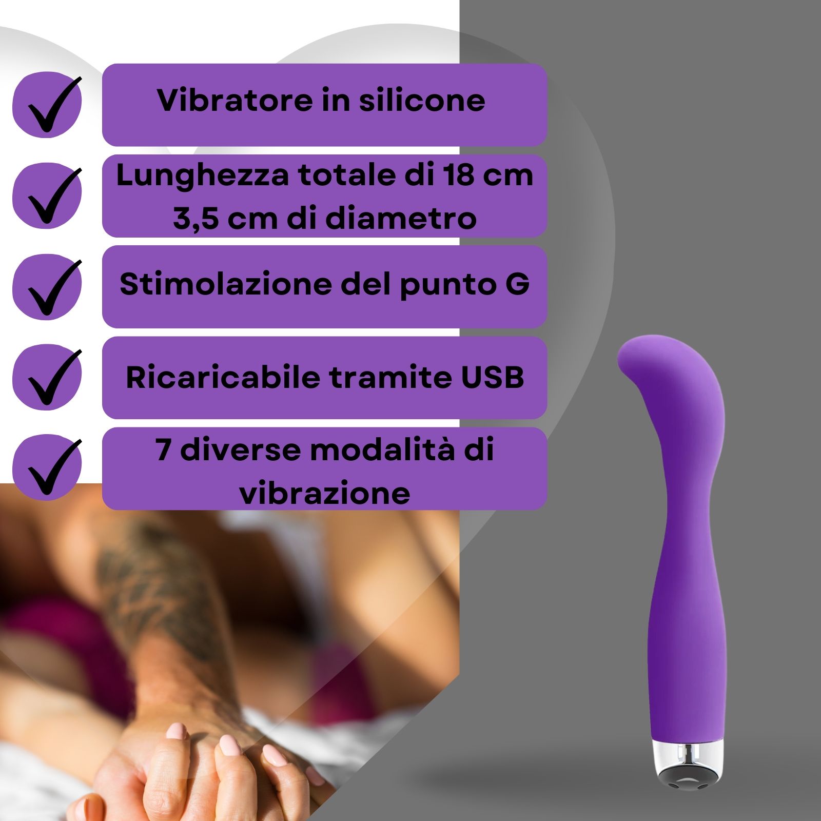 Vibratore viola. Silicone, forma curva. Testo: Vibratore in silicone, 18cm lungo, 3,5cm diametro, stimolazione punto G, USB.