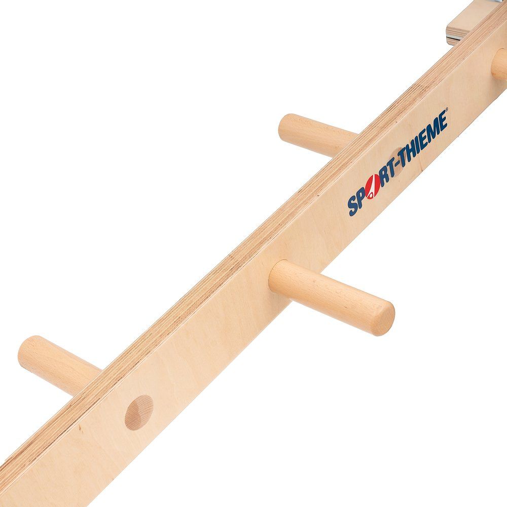 Holz-Kombigerät mit Stiften. Aufschrift SPORT-THIEME. Helle Holzfarbe. Mehrere Stifte ragen aus dem Holz heraus.