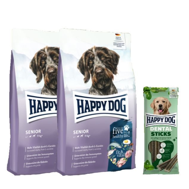 Happy Dog Fit & Vital Senior Doppelpack + Dental Sticks für Hunde 24,1 kg