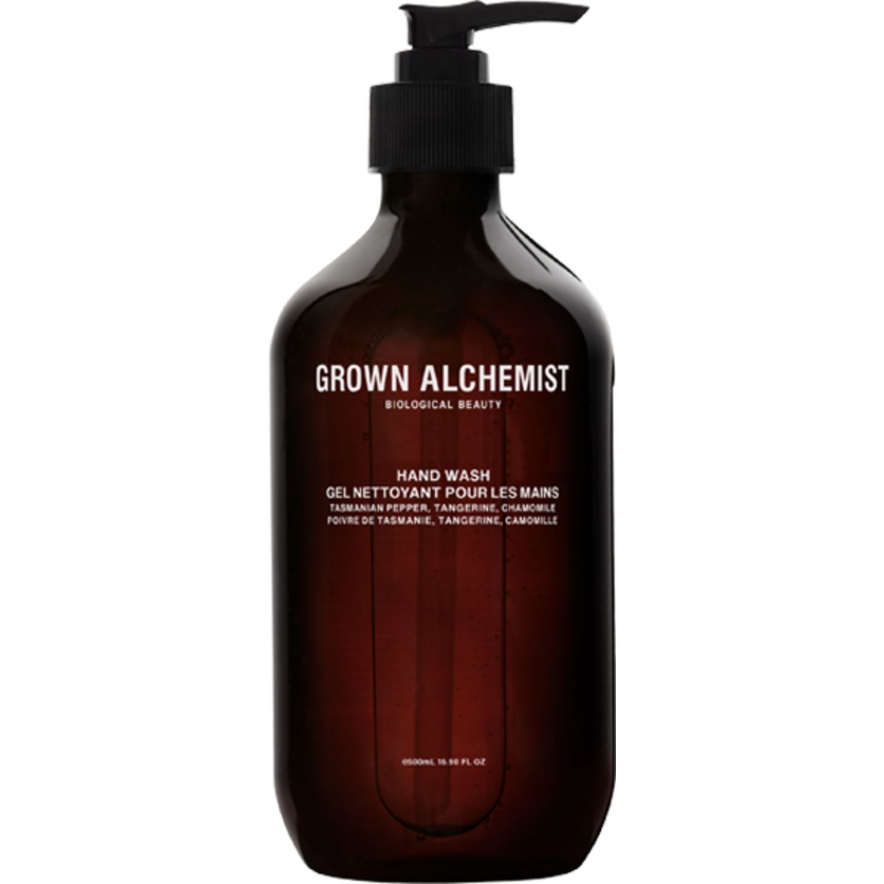 Braune Flasche mit schwarzem Pumpkopf. Aufschrift: Grown Alchemist, Hand Wash. Text in Englisch und Französisch.