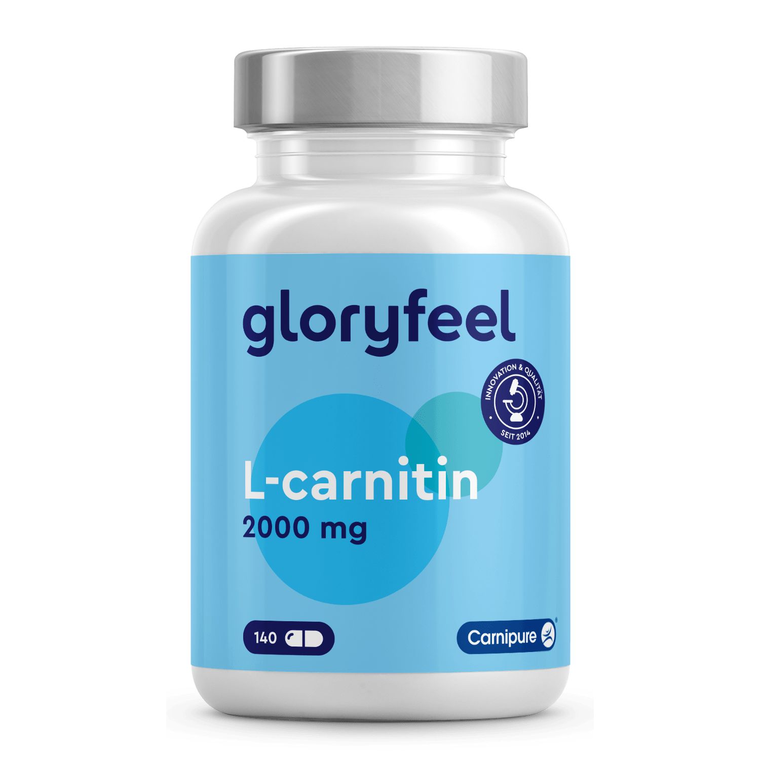 Weiße Flasche mit blauem Etikett. Aufschrift: gloryfeel L-carnitin 2000 mg, 140 Kapseln. Mit Carnipure-Logo.