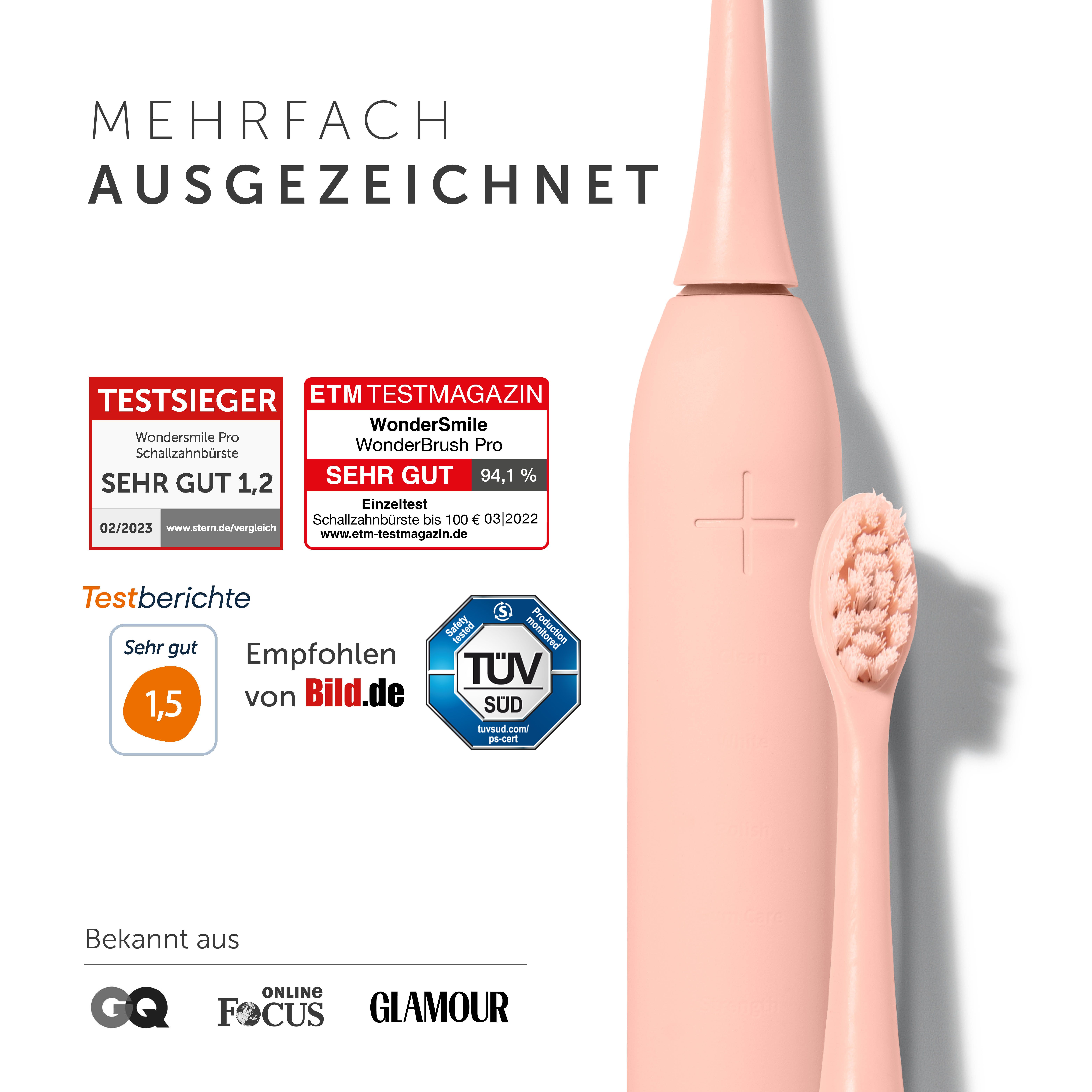 Rosa elektrische Zahnbürste mit Text. Text: TESTSIEGER, ETM Testmagazin, Empfohlen von Bild.de, Auszeichnungen.