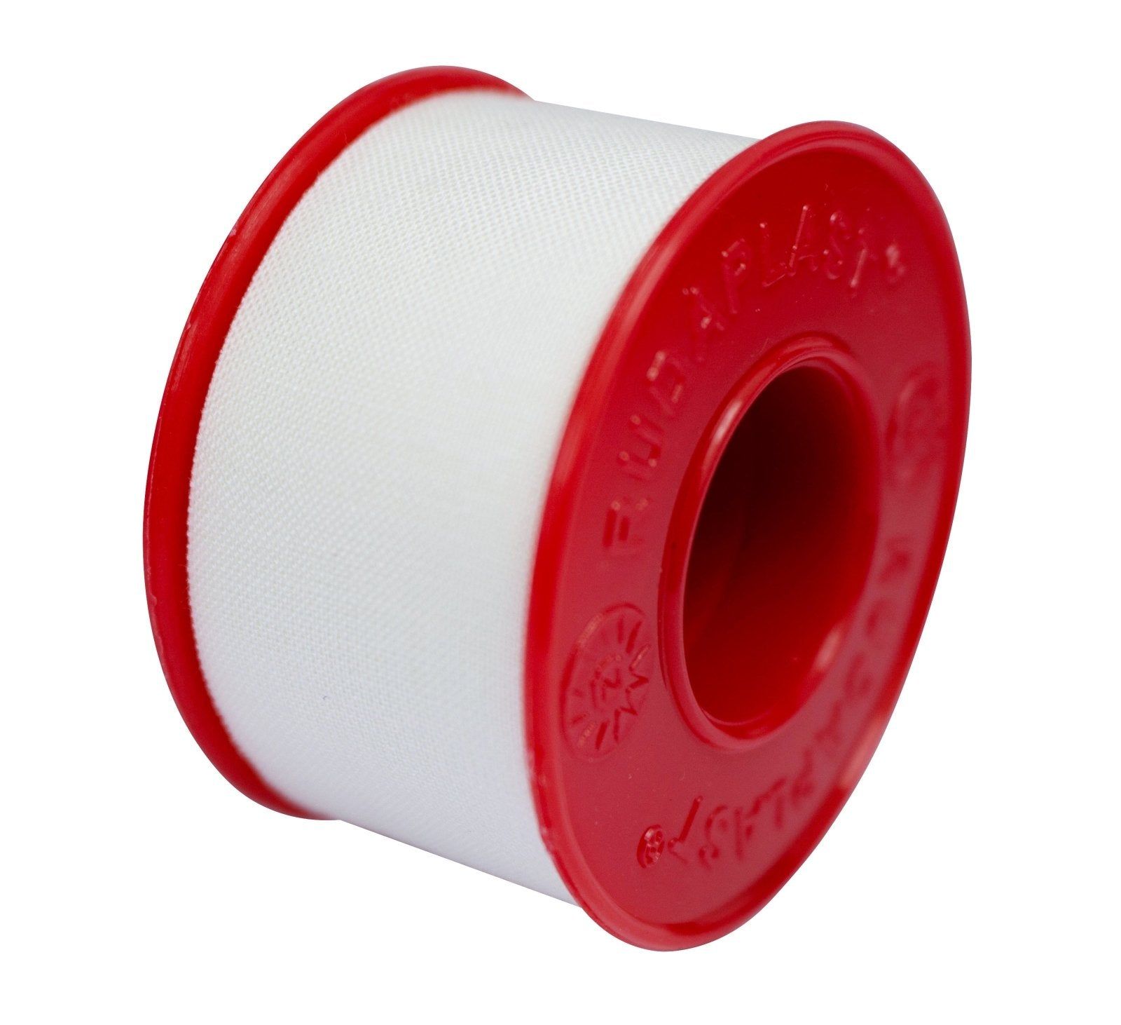 Rolle Fixierpflaster, weißes Klebeband mit roter Spule. Aufschrift auf der Spule.