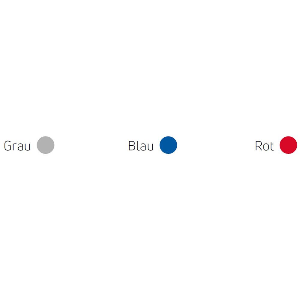 Farbbeispiele für DONJOY® MATRIX PT: Grau, Blau, Rot. Farbkreise auf weißem Hintergrund.