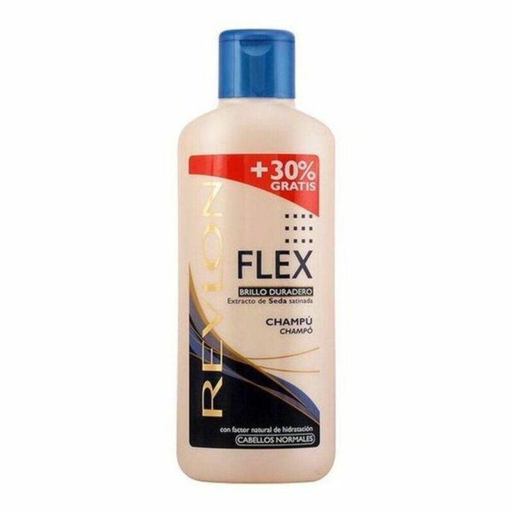 Flasche Revlon Flex Shampoo für normales Haar. Weiß-blaue Verpackung mit blauer Kappe. Text: Flex, Champú, +30% gratis.