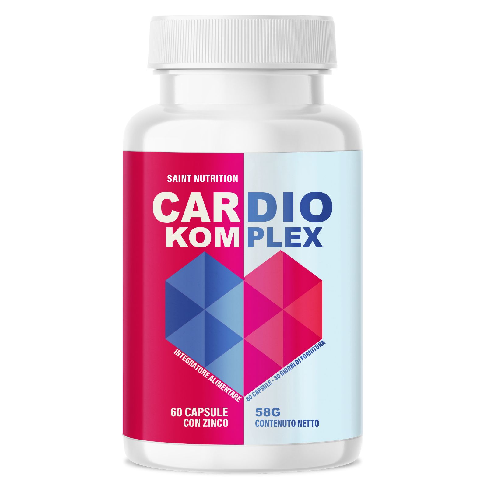 Flacone di pillole bianco con etichetta rossa e blu. Scritta: Cardio Komplex, 60 capsule con zinco.