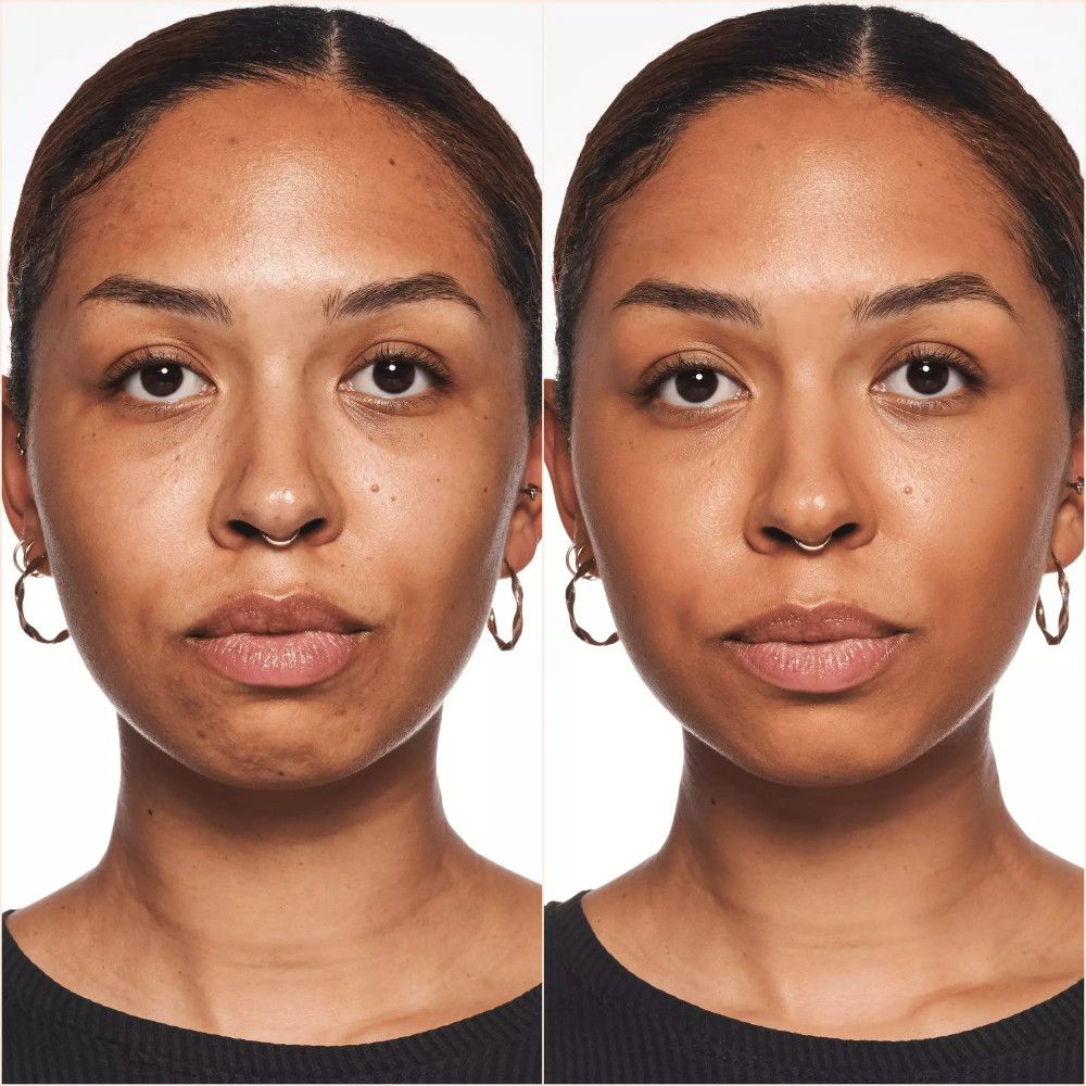 Vorher-Nachher-Bild einer Frau. Links: ungeschminkt. Rechts: mit Foundation. Deutlicher Unterschied im Hautbild.