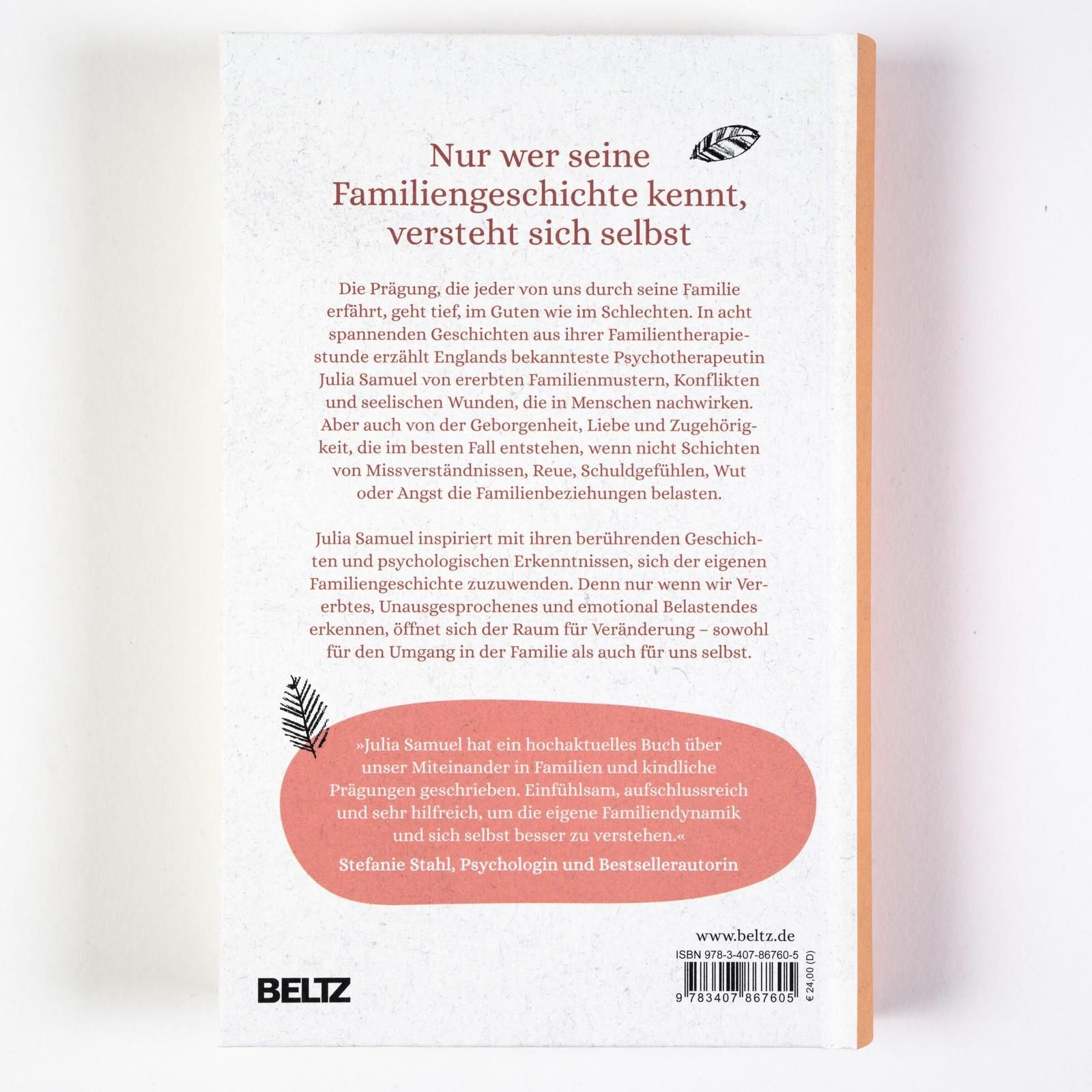 Buchrückseite mit Text. Titel: "Jede Familie hat eine Geschichte". Verlag BELTZ. Text in deutscher Sprache. ISBN-Code sichtbar.
