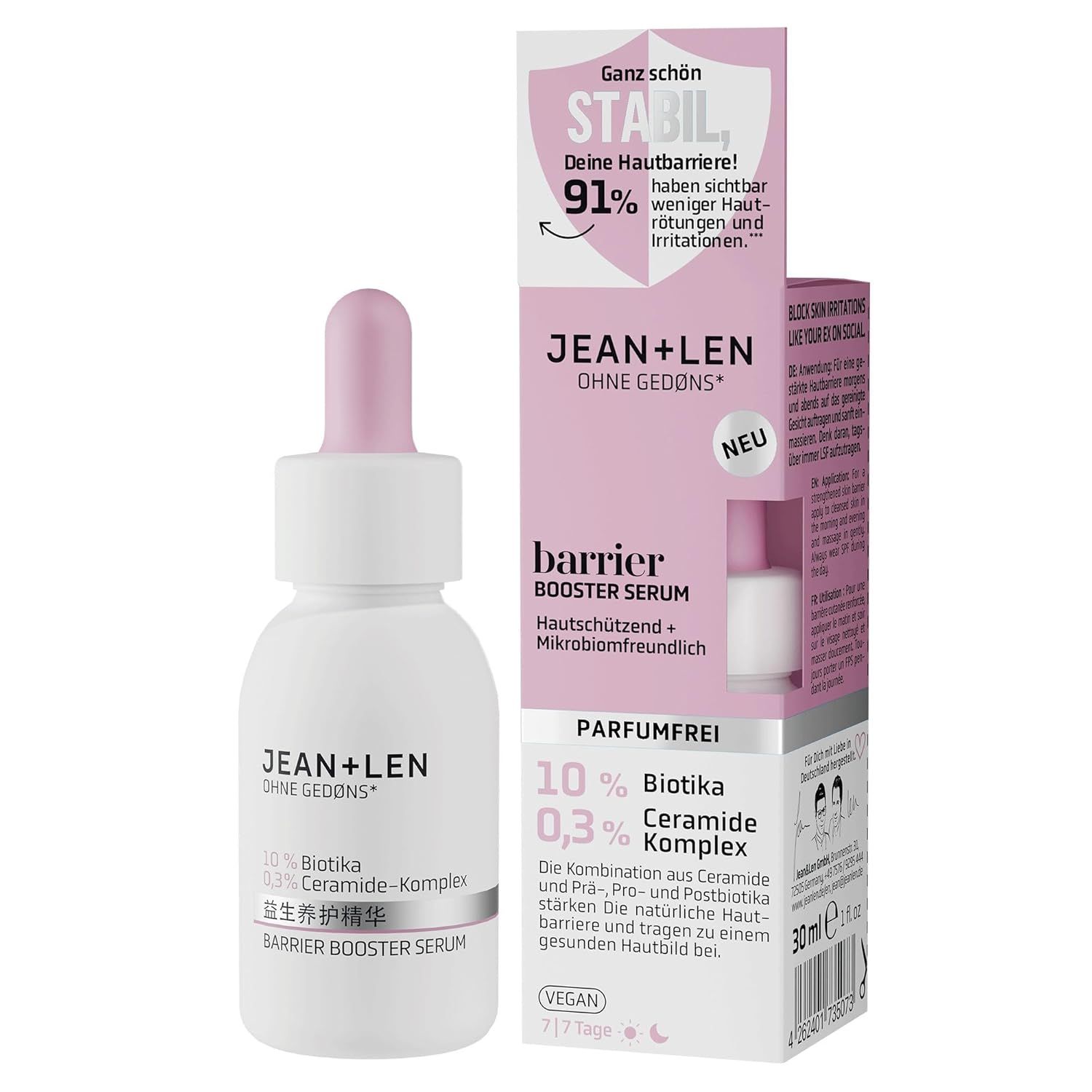 Produktverpackung. Text: Jean & Len, Barrier Booster Serum, 10% Biotika, 0,3% Ceramide-Komplex, parfümfrei, vegan.