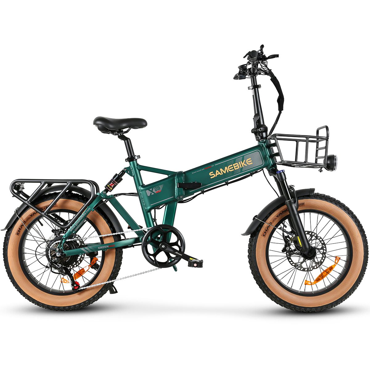 Grünes SAMEBIKE XWLX09-II E-Bike mit Korb, Gepäckträger und breiten Reifen. Schwarze Details, braune Reifen.