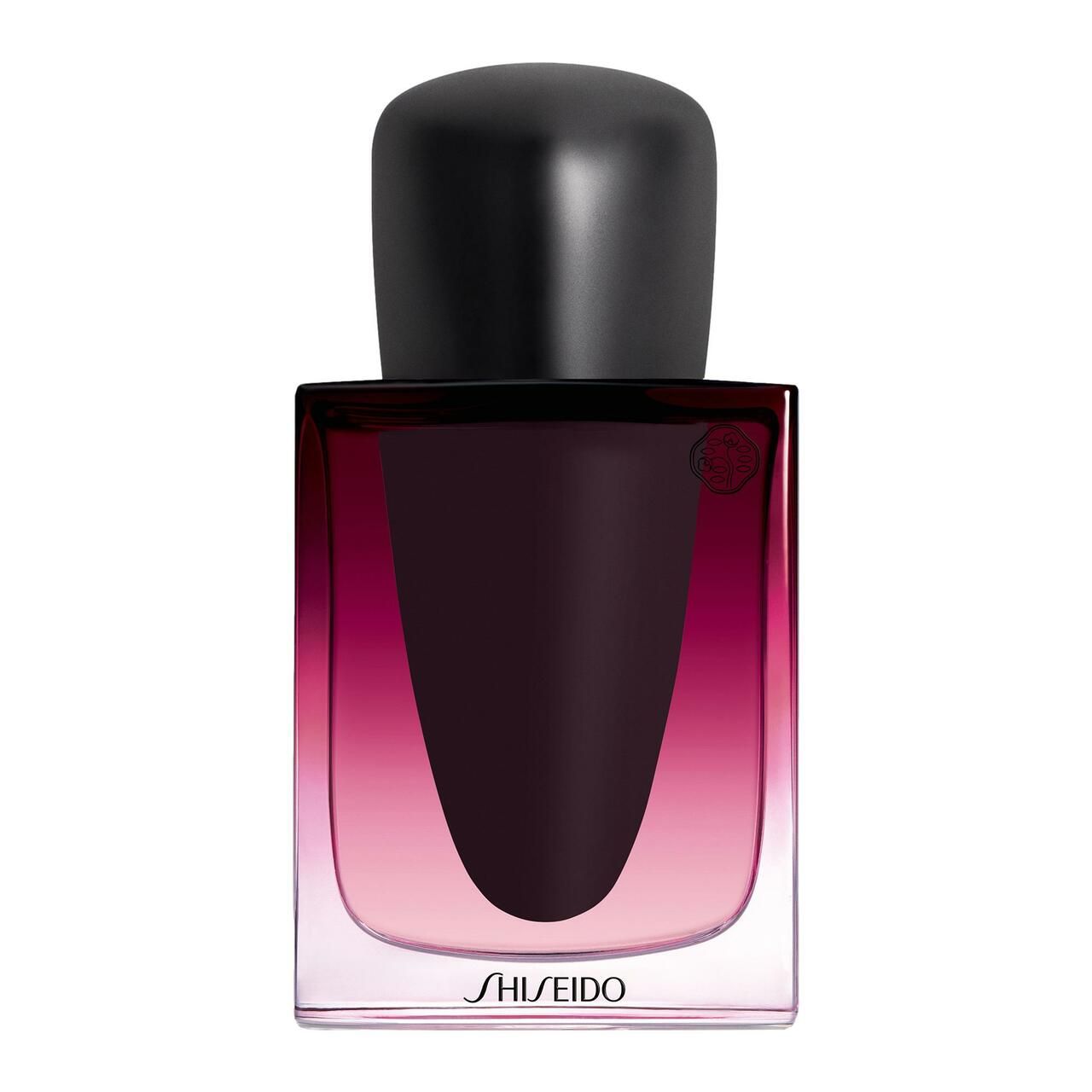 Flakon mit schwarzem Verschluss. Farbverlauf von transparent zu dunkelrot. SHISEIDO-Logo unten.