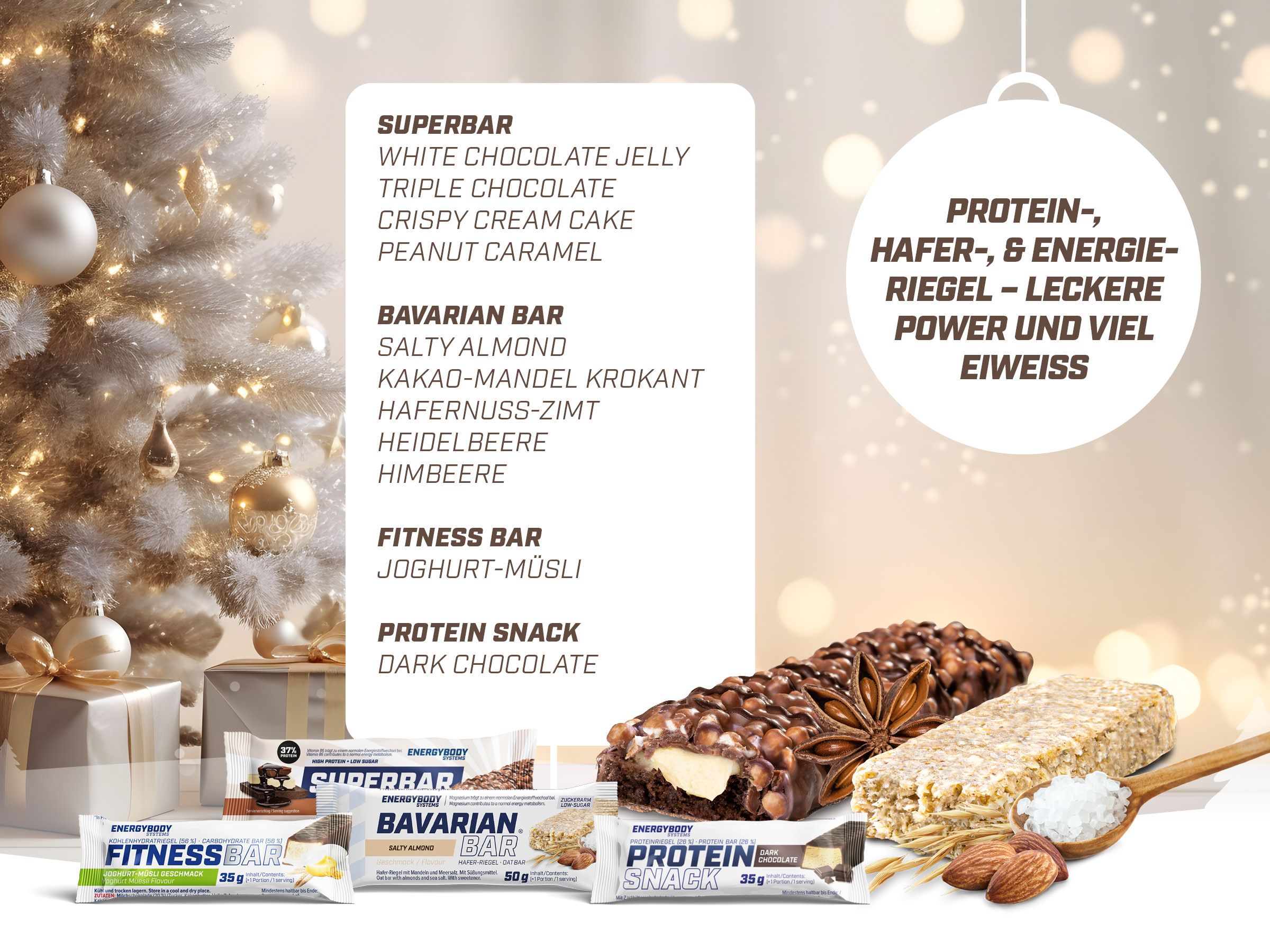 Produktübersicht mit Riegeln. Aufschrift: Superbar, Bavarian Bar, Fitness Bar, Protein Snack. Mandeln und Salz auf einem Löffel.