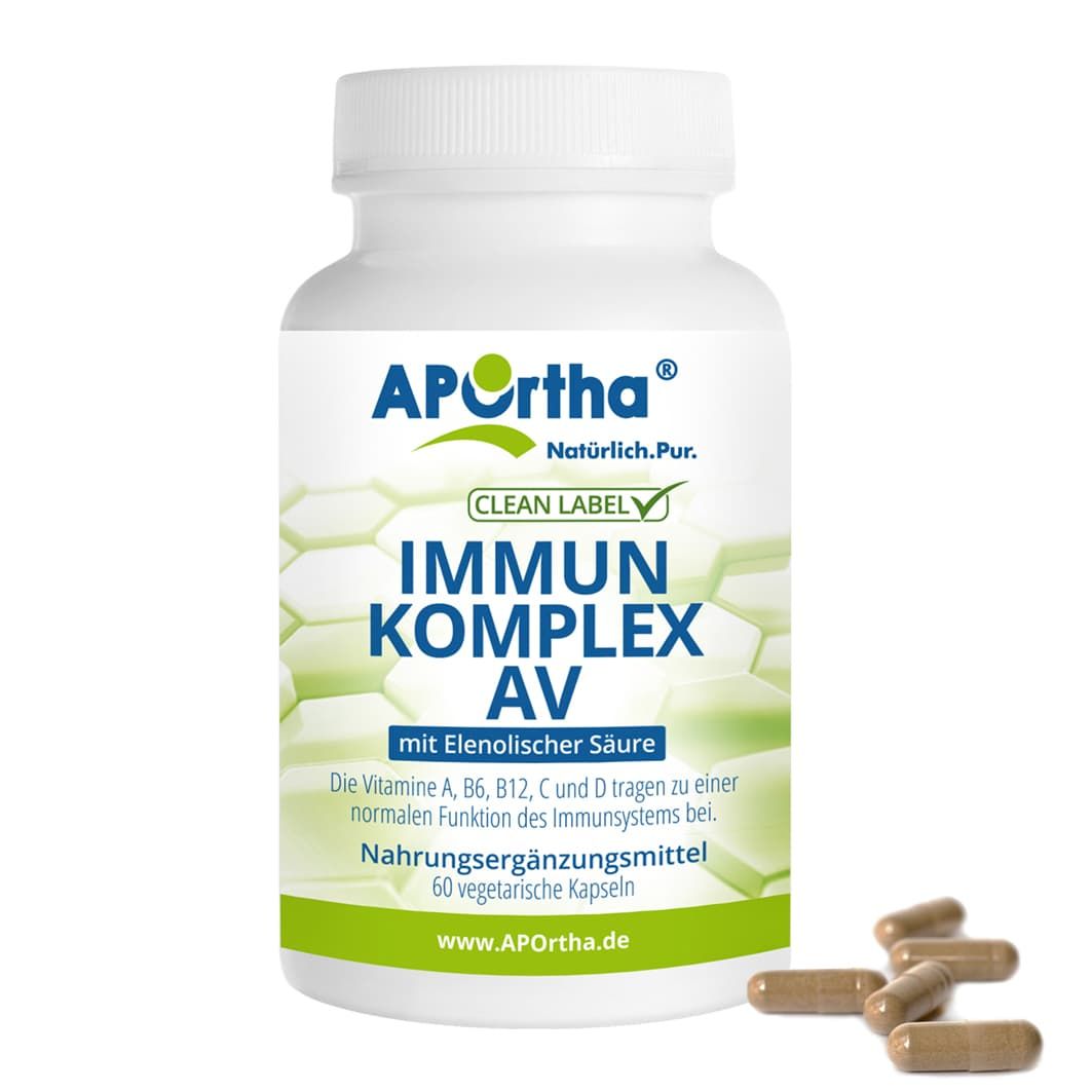 Weiße Flasche APOrtha® Immun-Komplex AV Kapseln. Braune Kapseln liegen daneben. Aufschrift: Immun-Komplex AV, 60 vegetarische Kapseln.