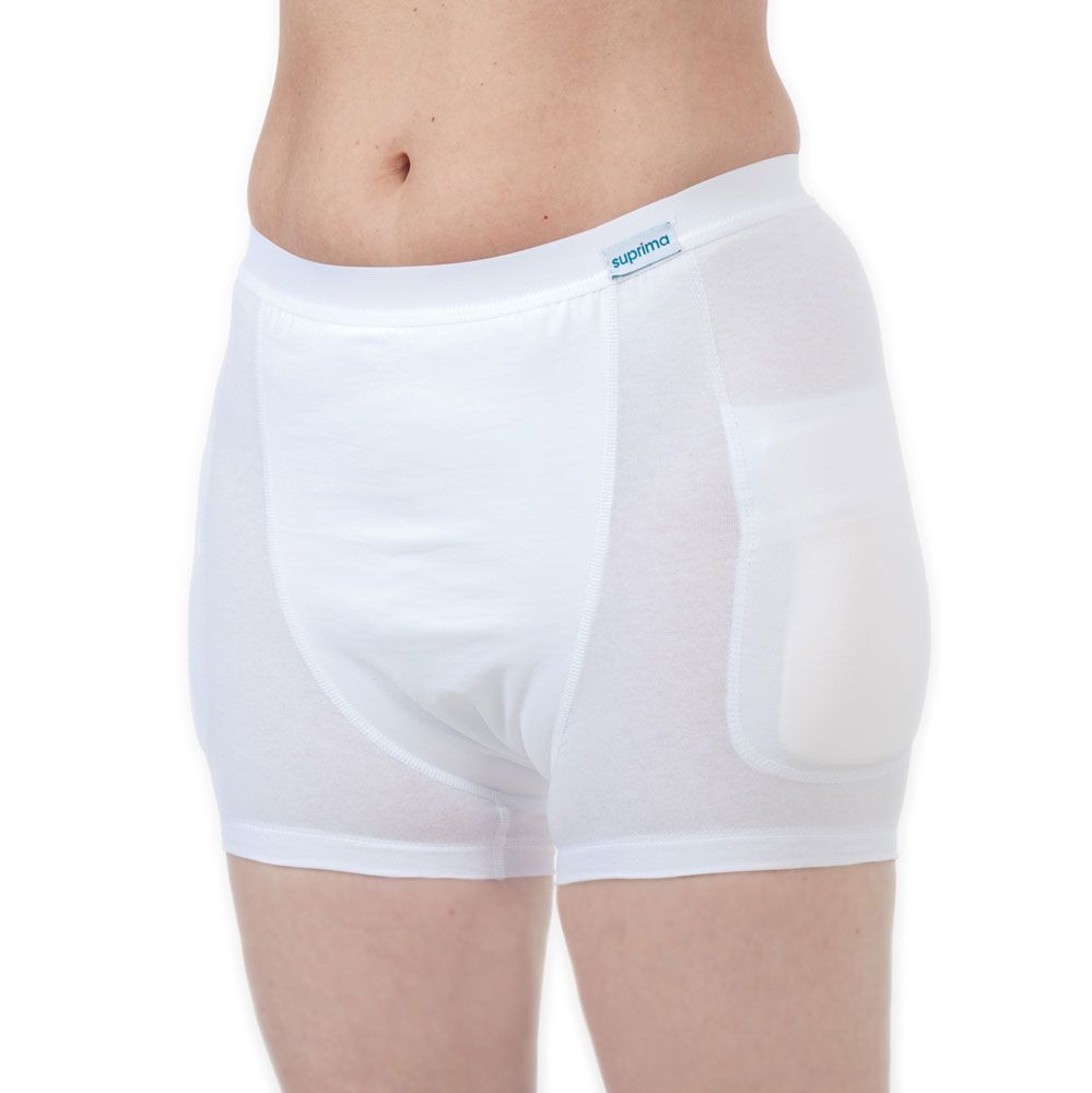 Weiße Hüftprotektor-Slips für Damen mit integrierten Polstern an den Seiten.