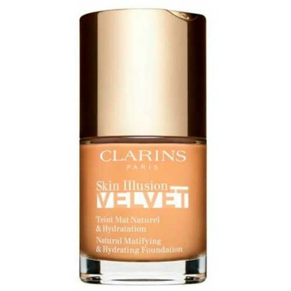 Clarins Skin Illusion Velvet Foundation. Flasche mit goldfarbenem Deckel. Text: Natural Matifying & Hydrating Foundation.