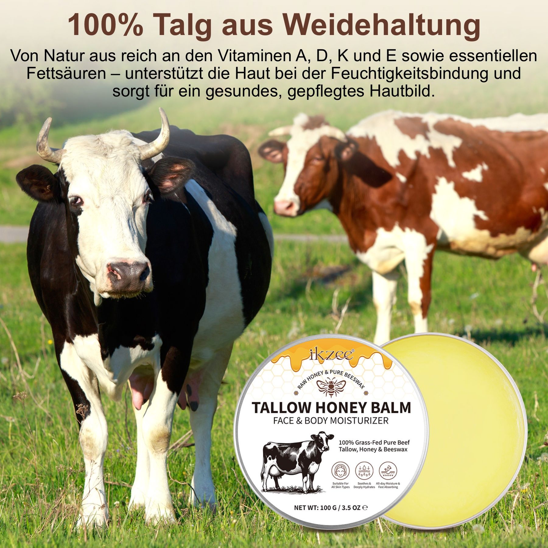 Zwei Kühe auf Wiese neben Produkt. Text: 100% Talg aus Weidehaltung. Produkt: Tallow Honey Balm, Face & Body Moisturizer. Dose mit Kuh-Illustration.