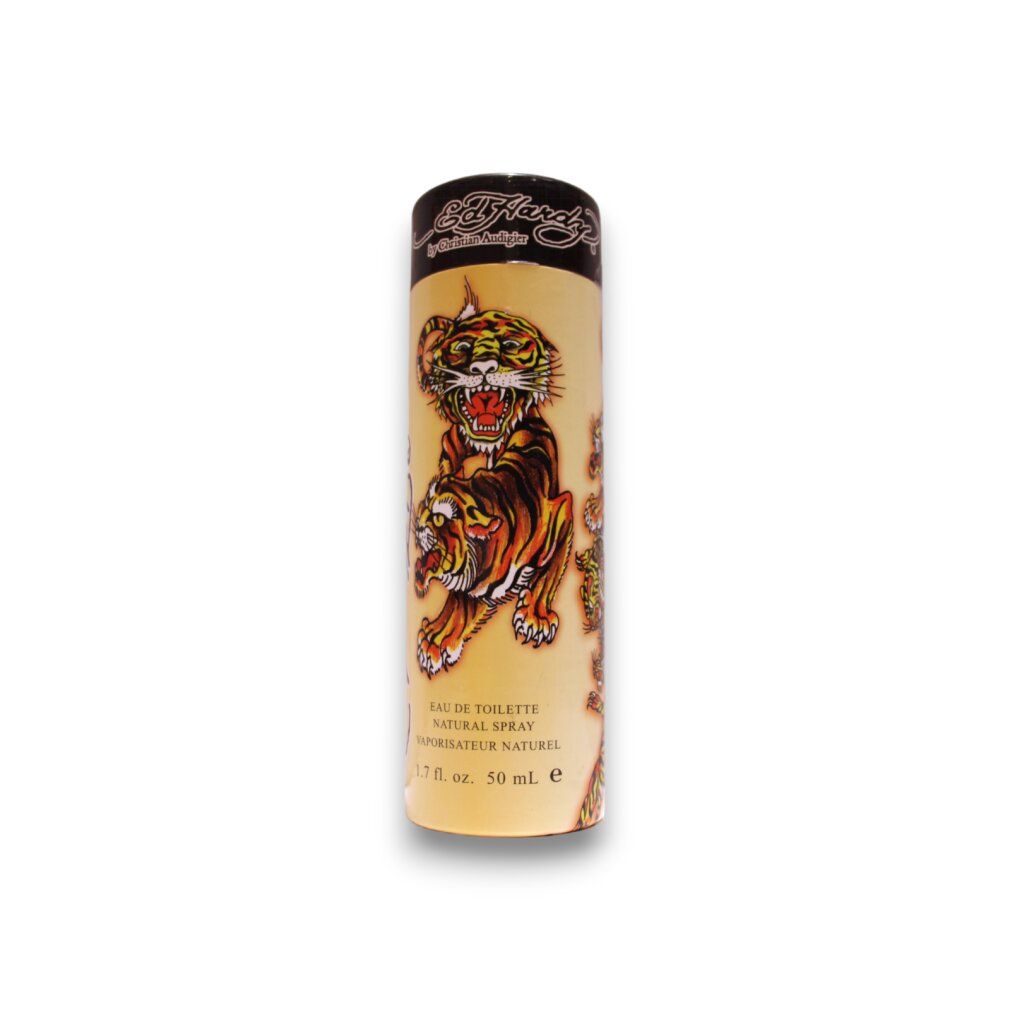 Ed Hardy Eau de Toilette Spray, zylindrische Verpackung mit Tiger-Motiv.