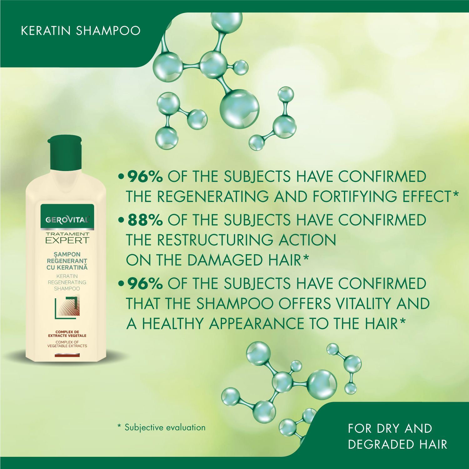 Shampoo-Flasche mit grüner Kappe und Text. Aufschrift: Gerovital, Tratament Expert, Sampon Regenerant cu Keratină.