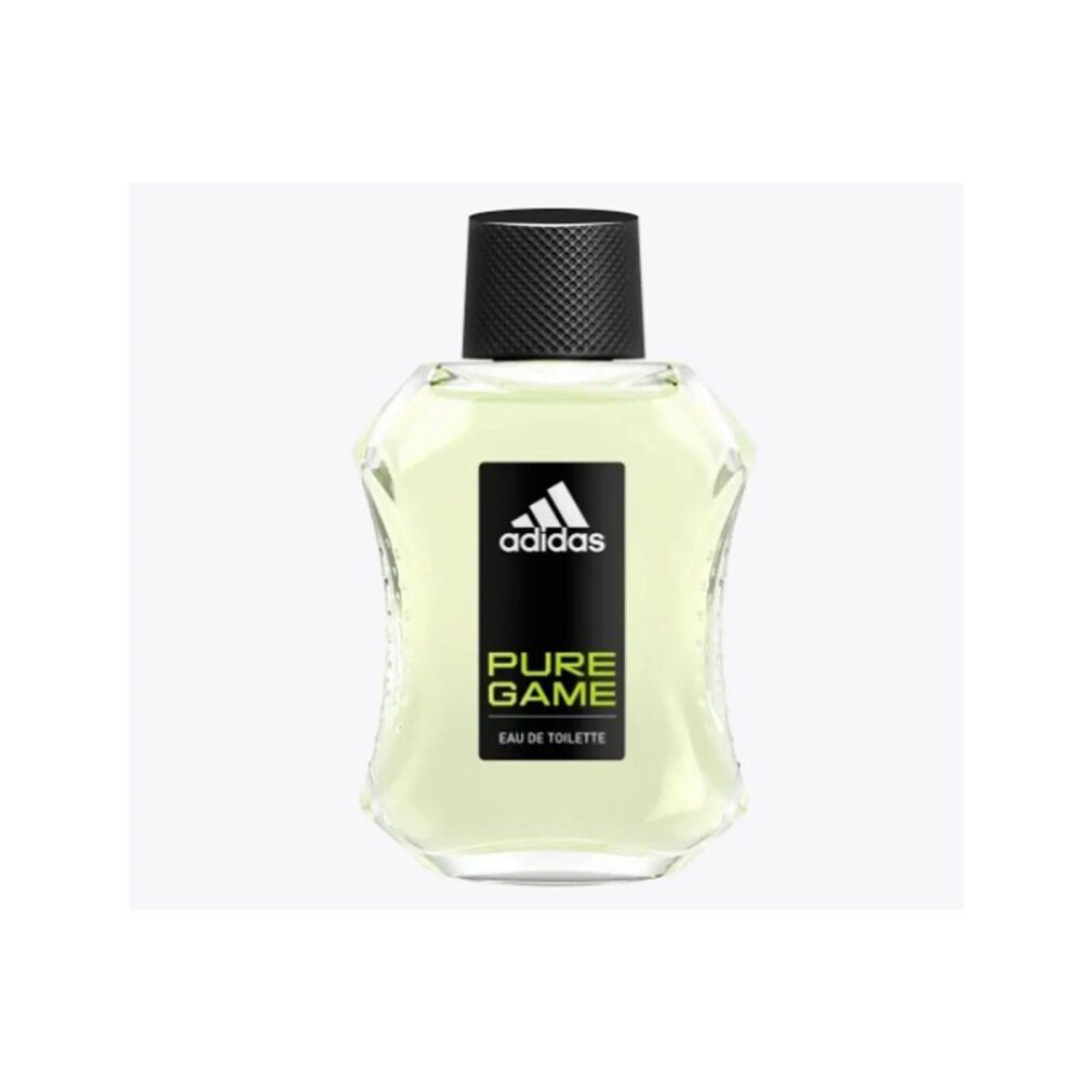 Flakon mit schwarzem Deckel. Aufkleber mit Adidas-Logo und Schriftzug PURE GAME. Eau de Toilette.