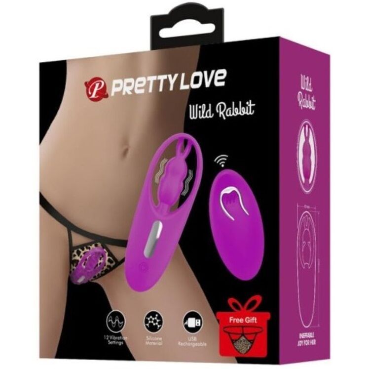 Verpackung mit Produktabbildung. Aufschrift: Pretty Love, Wild Rabbit. Merkmale: 12 Vibrationen, Silikon, wiederaufladbar. Geschenkbox.