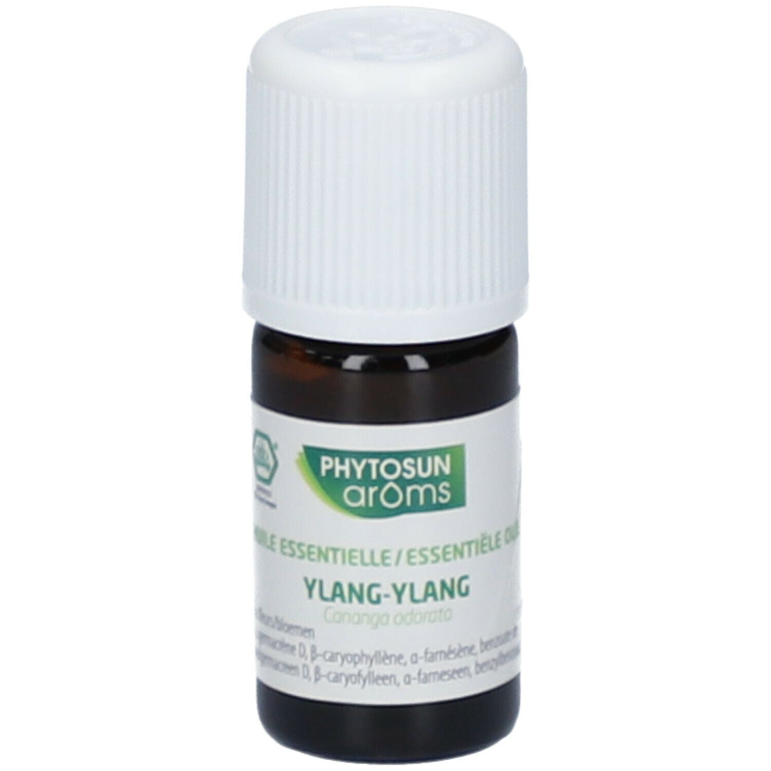 Flacon en verre brun avec bouchon blanc. Étiquette: Phytosun arôms, Ylang-Ylang, Cananga odorata.
