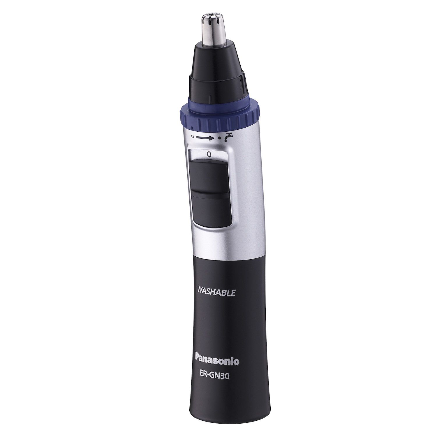 Bart- und Haarschneider. Schwarz, Silber und Blau. Mit Knopf und drehbarem Element. Waschbar. Panasonic ER-GN30.