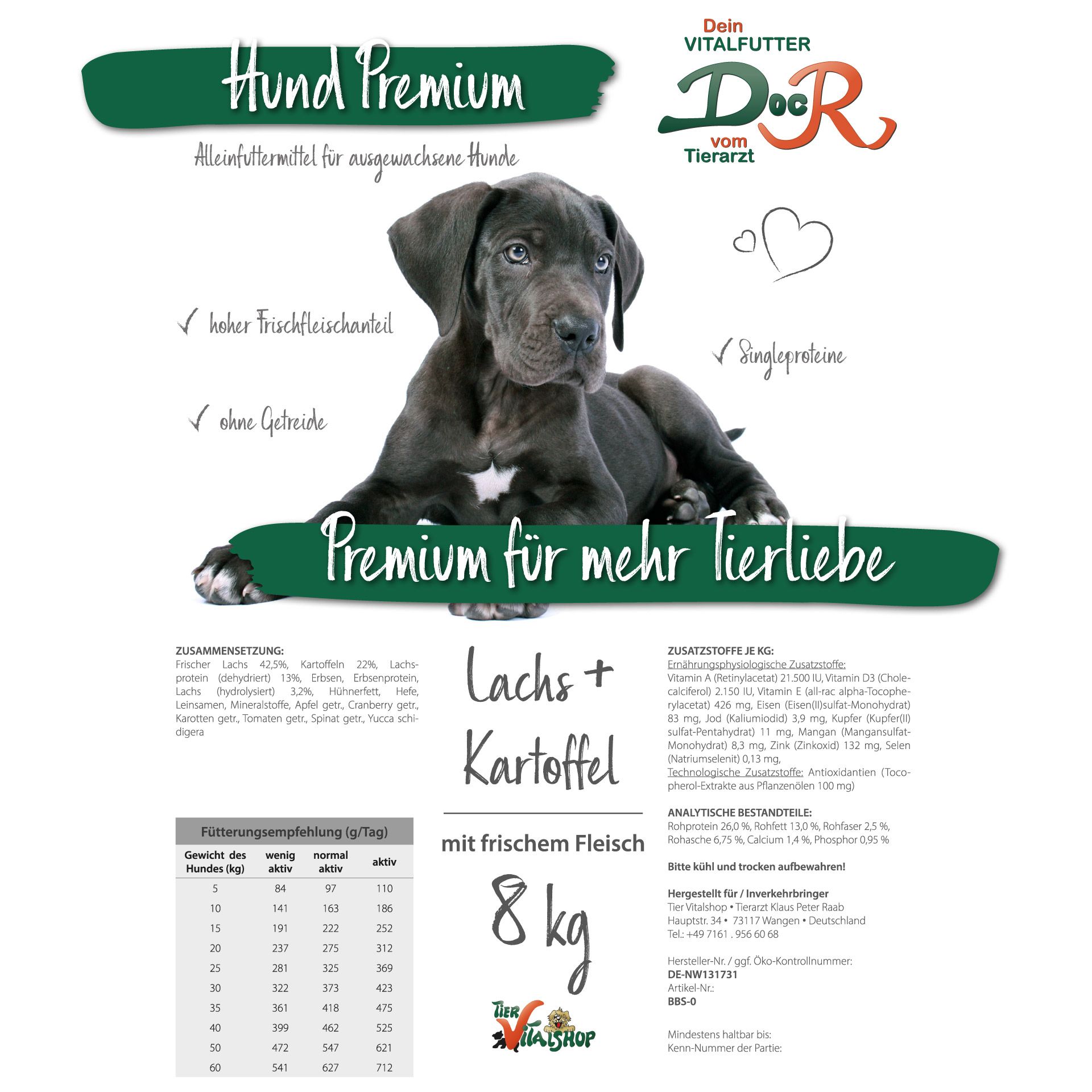 Verpackung von Doc R Hundefutter Lachs + Kartoffel. Abbildung eines Welpen. 8 kg Packung.