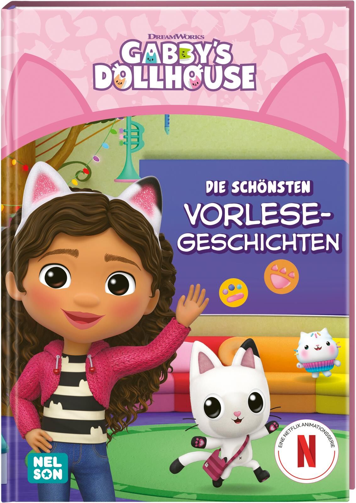 Buchcover mit Gabby's Dollhouse-Illustrationen. Titel: Die schönsten Vorlesegeschichten. DreamWorks-Logo und Netflix-Serie-Hinweis.