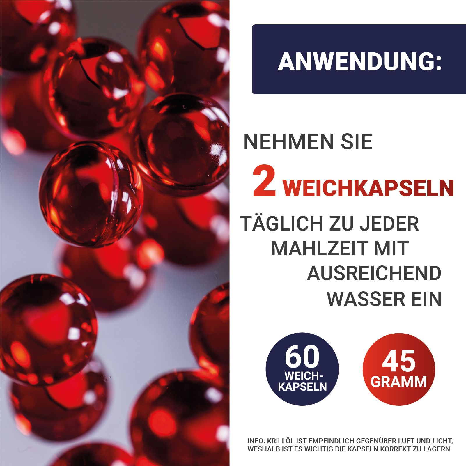 Rote Weichkapseln. Anwendung: 2 Weichkapseln täglich zu jeder Mahlzeit mit Wasser einnehmen. 60 Kapseln, 45 Gramm.