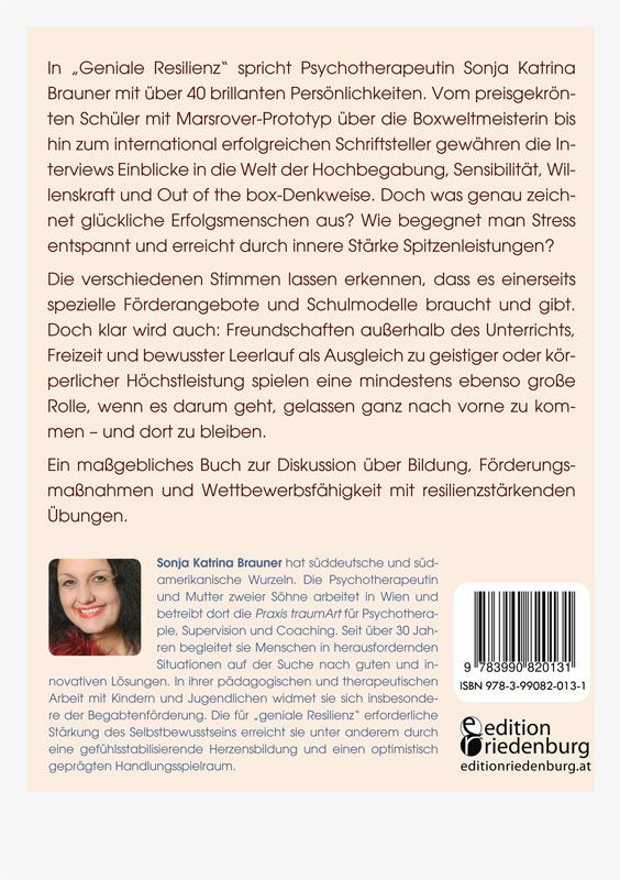 Buchrückseite: Geniale Resilienz. Text, ISBN, Logo Edition Friedenburg, Foto der Autorin.