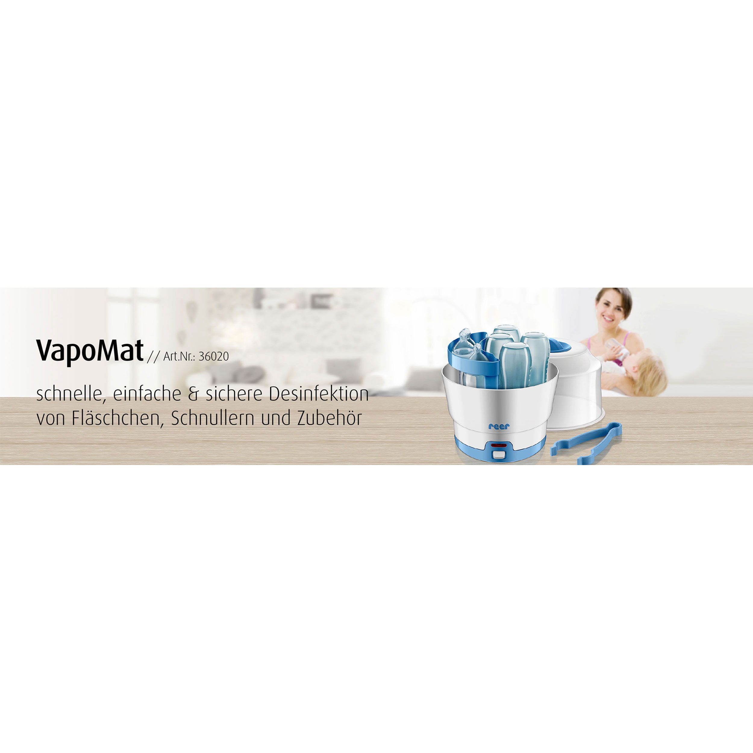 Banner mit Vaporisator, Text: schnelle, einfache & sichere Desinfektion von Fläschchen, Schnullern und Zubehör.
