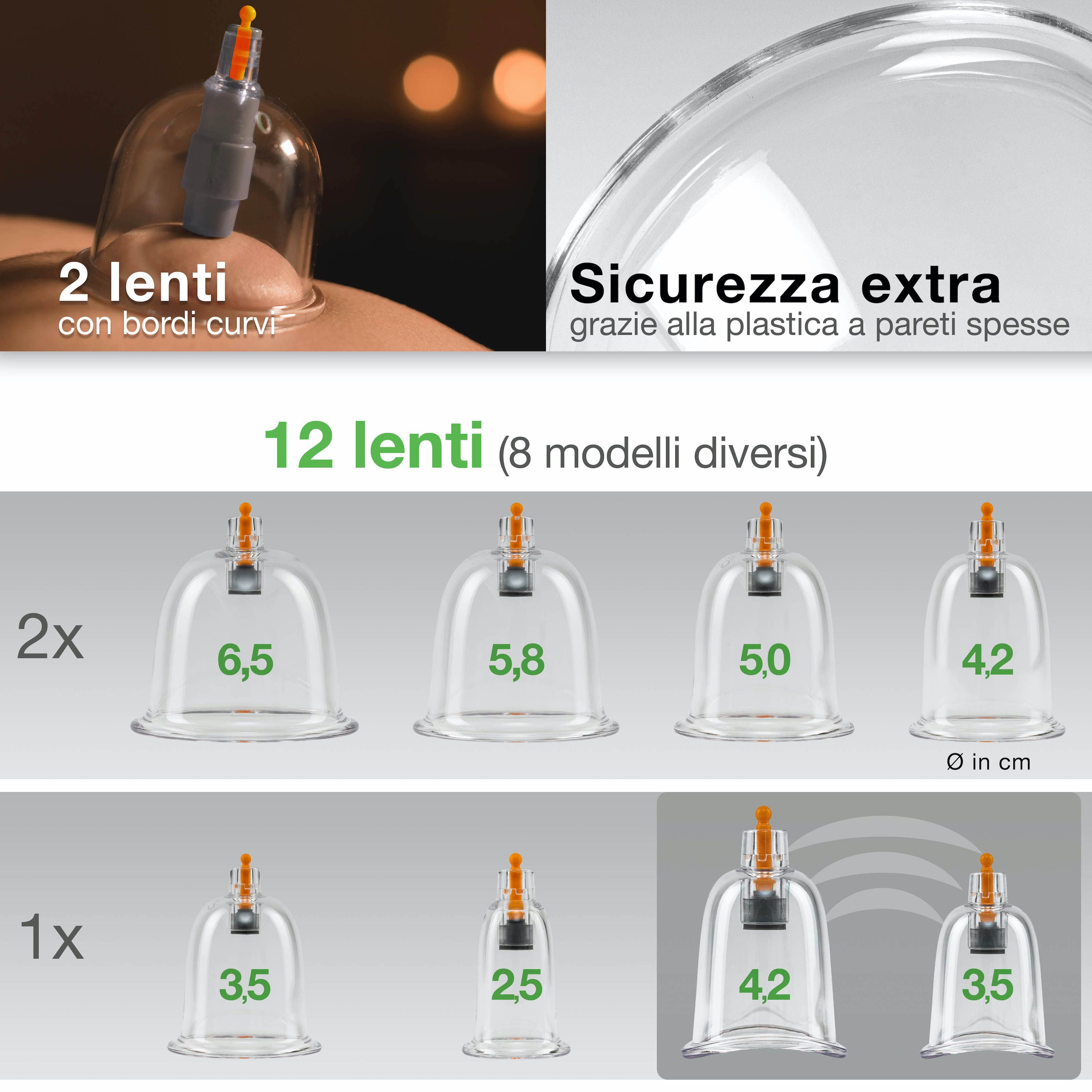 Coppette di diverse dimensioni. Testo: 12 bicchieri (8 modelli). Dimensioni in cm. Sicurezza extra grazie alla plastica spessa.