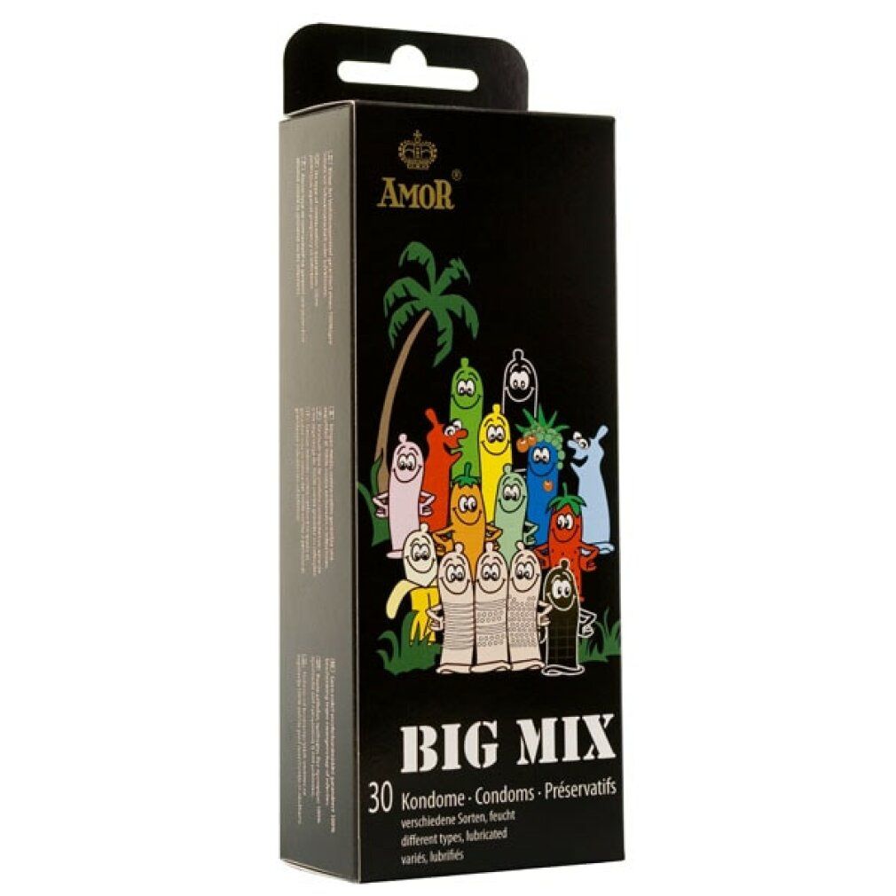 Schwarze Schachtel Amor Big Mix. 30 Kondome. Cartoon-Illustrationen von Kondomen. Text in Deutsch, Englisch und Französisch.