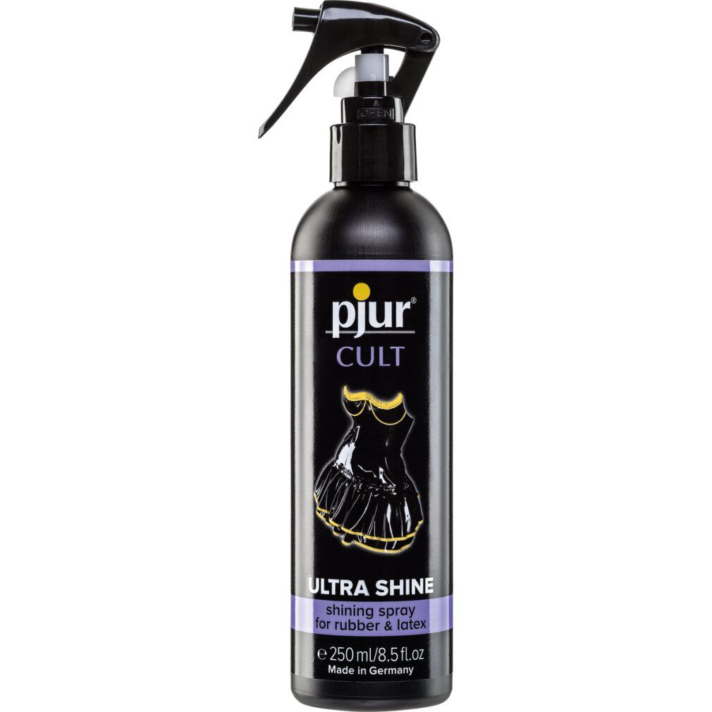Schwarze Flasche mit Sprühkopf. Aufschrift: pjur CULT ULTRA SHINE. Illustration eines Kleides. Text: shining spray for rubber & latex.