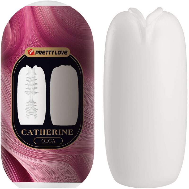 Verpackung und Produkt. Verpackung mit Produktabbildung. Produkt: weißer Masturbator.