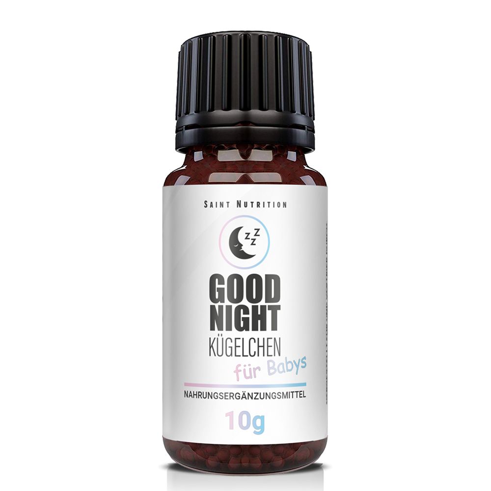Braune Glasflasche mit schwarzem Deckel. Etikett mit Produktname, Marke Saint Nutrition, und Inhaltsangabe: Good Night Kügelchen für Babys, 10g.