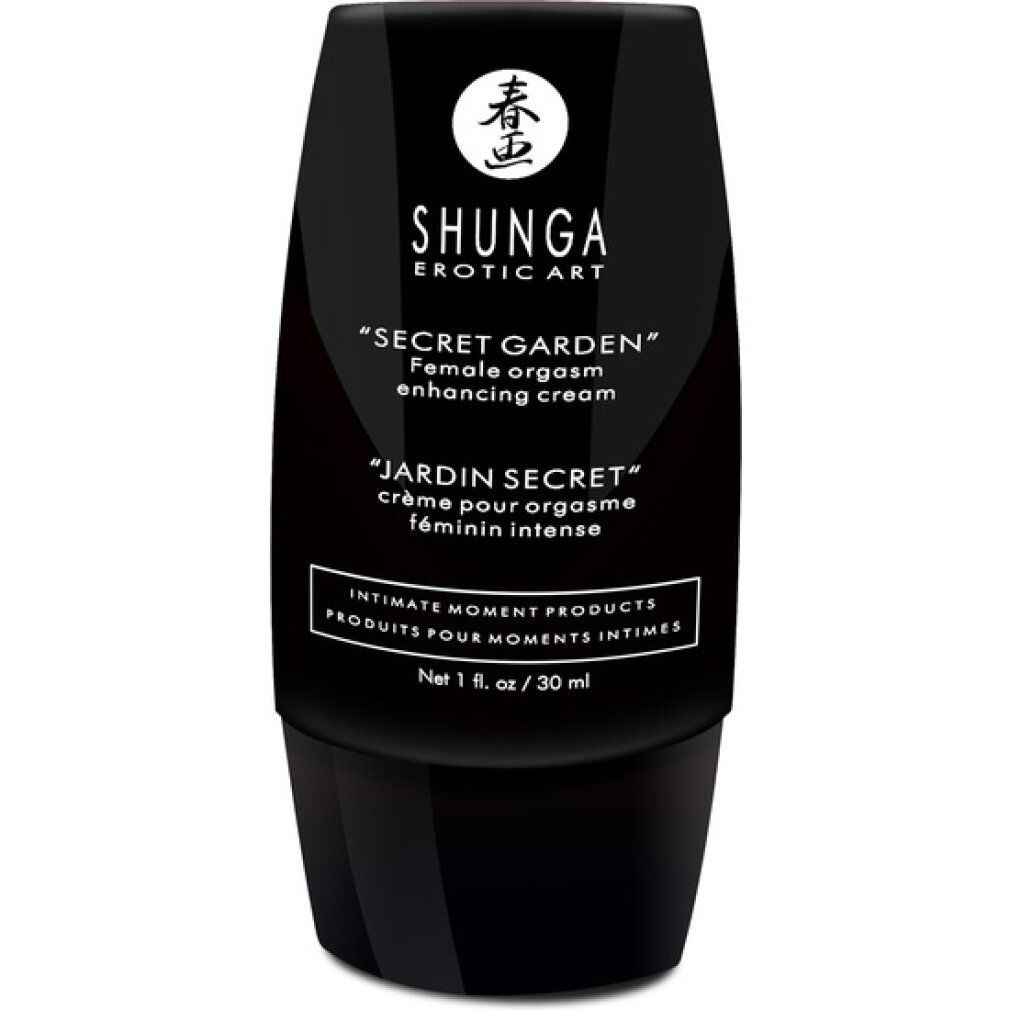 Schwarze Tube mit Produktbezeichnung und Logo. Text: "SECRET GARDEN" Female orgasm enhancing cream. "JARDIN SECRET" crème pour orgasme féminin intense.