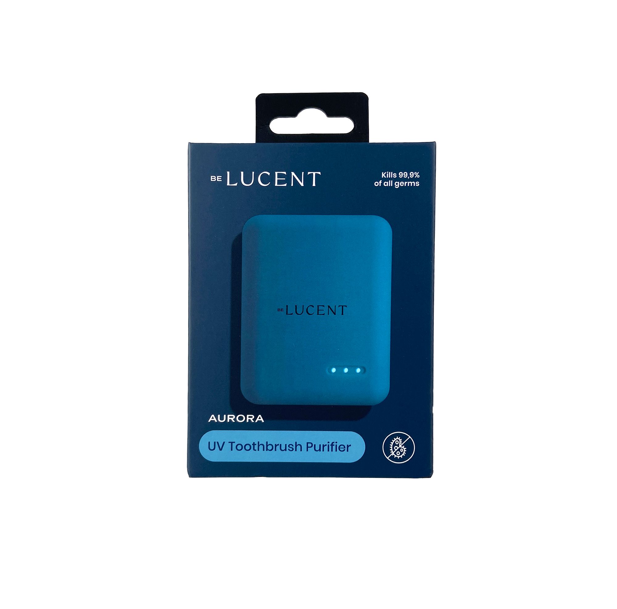 Verpackung mit blauem Etui. Aufschrift "be LUCENT AURORA UV Toothbrush Purifier".