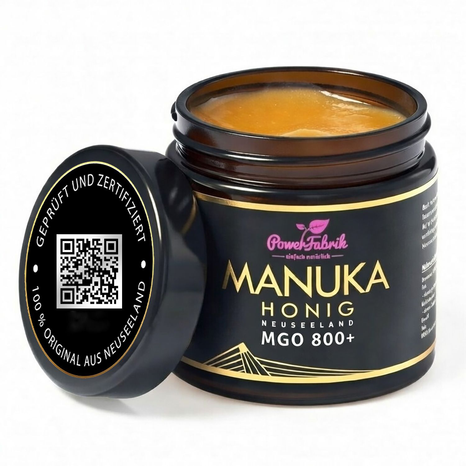 Geöffneter PowerFabrik Manuka Honig MGO 800+ in Braunglasdose mit schwarzem Deckel.