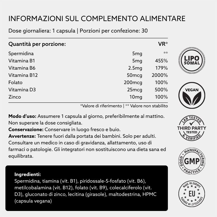 Nährwerttabelle mit Inhaltsstoffen: Spermidin, Vitamin B1, B6, B12, Folat, Vitamin D3, Zink. Logos: LIPO SOMAL, VEGAN, LAB TESTED, GMP.