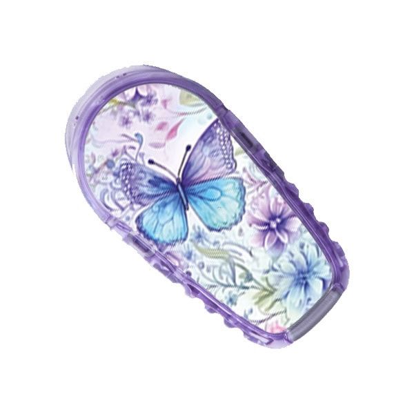 Dexcom G6-Gerät mit floralem Muster und Schmetterling. Lila Gehäuse mit transparentem Deckel.