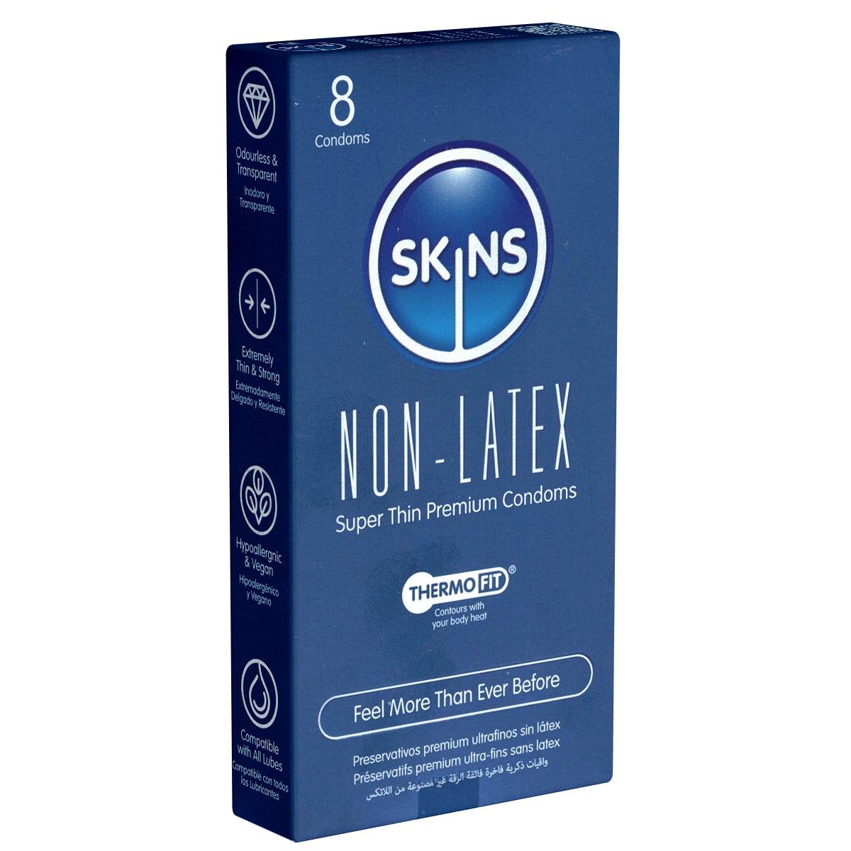 Blaue Schachtel mit "SKINS Non-Latex" Kondomen. Enthält 8 Stück. Text: "Super Thin Premium Condoms".