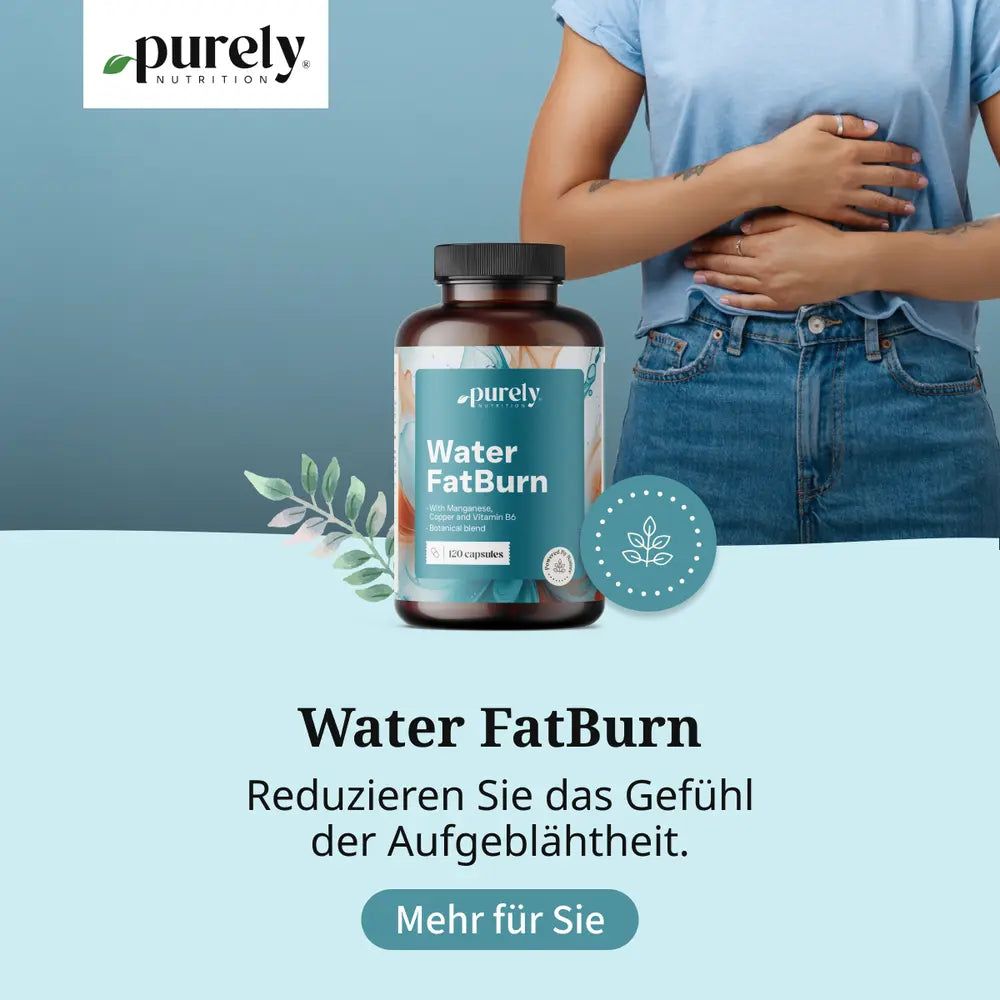 Flasche Purely Nutrition Water FatBurn (120 Kapseln) mit Pflanzenmotiven.