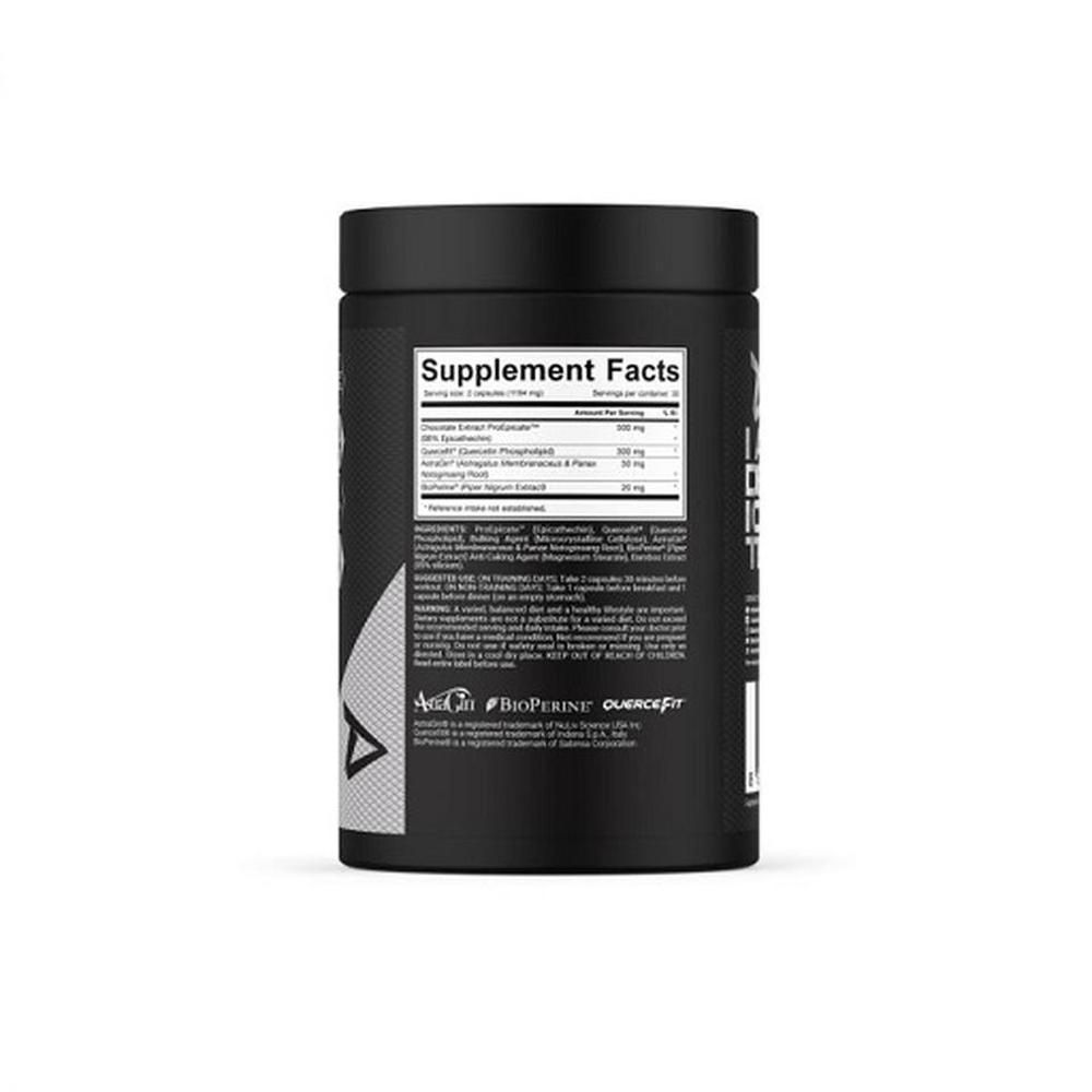 Rückseite einer schwarzen Dose mit weißer Schrift. Enthält Informationen zu "Supplement Facts" und Inhaltsstoffen.