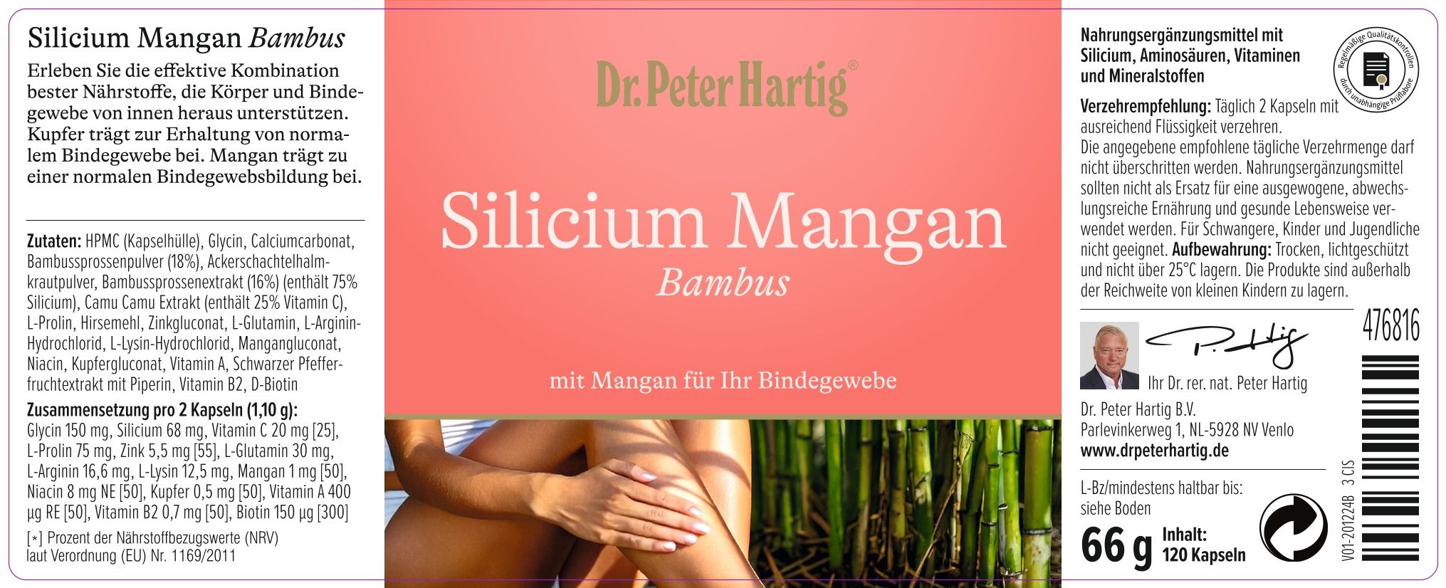 Produktetikett mit Text: Silicium Mangan Bambus. Inhaltsstoffe, Nährwertangaben. Abbildung einer Hand und Bambus.