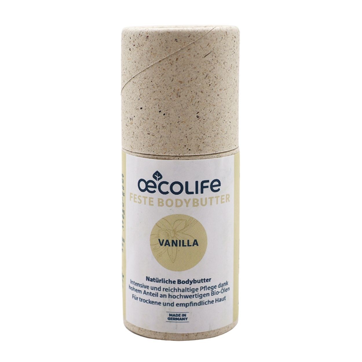 Zylindrische Verpackung von oecolife Feste Bodybutter Vanilla. Beige Kartonhülse mit Produktbezeichnung und Vanille-Illustration.