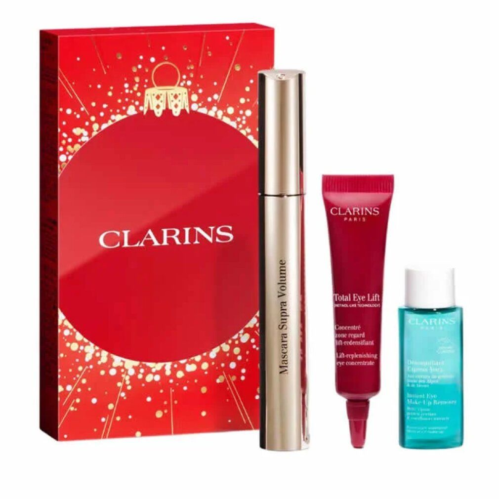 Rotes Geschenkset mit Mascara, Augencreme und Reinigungslotion. Clarins-Logo auf der Verpackung.
