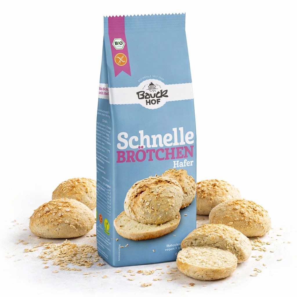 Bauckhof Schnelle Brötchen Hafer Backmischung mit fertigen Brötchen und Haferflocken.